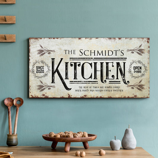 Kitchen Sign II canvas by Tailored Canvases, vintage beige sign with black typography on Tampa Home & Garden Store