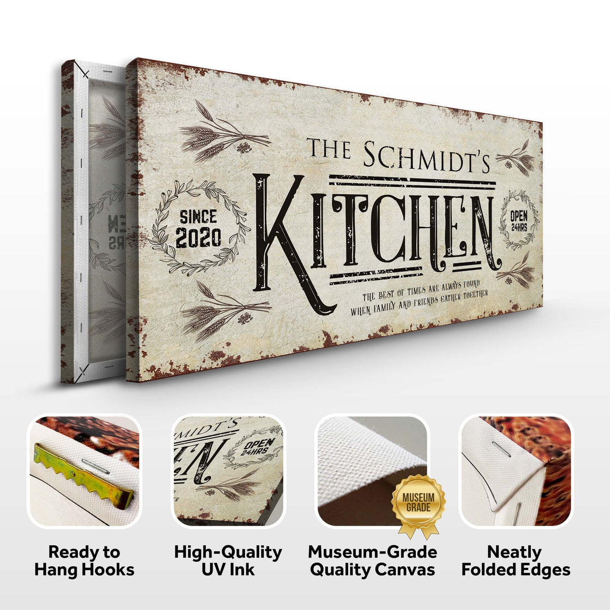Kitchen Sign II canvas by Tailored Canvases, vintage beige distress with botanical accents on Tampa Home & Garden Store