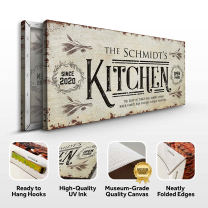 Kitchen Sign II canvas by Tailored Canvases, vintage beige distress with botanical accents on Tampa Home & Garden Store