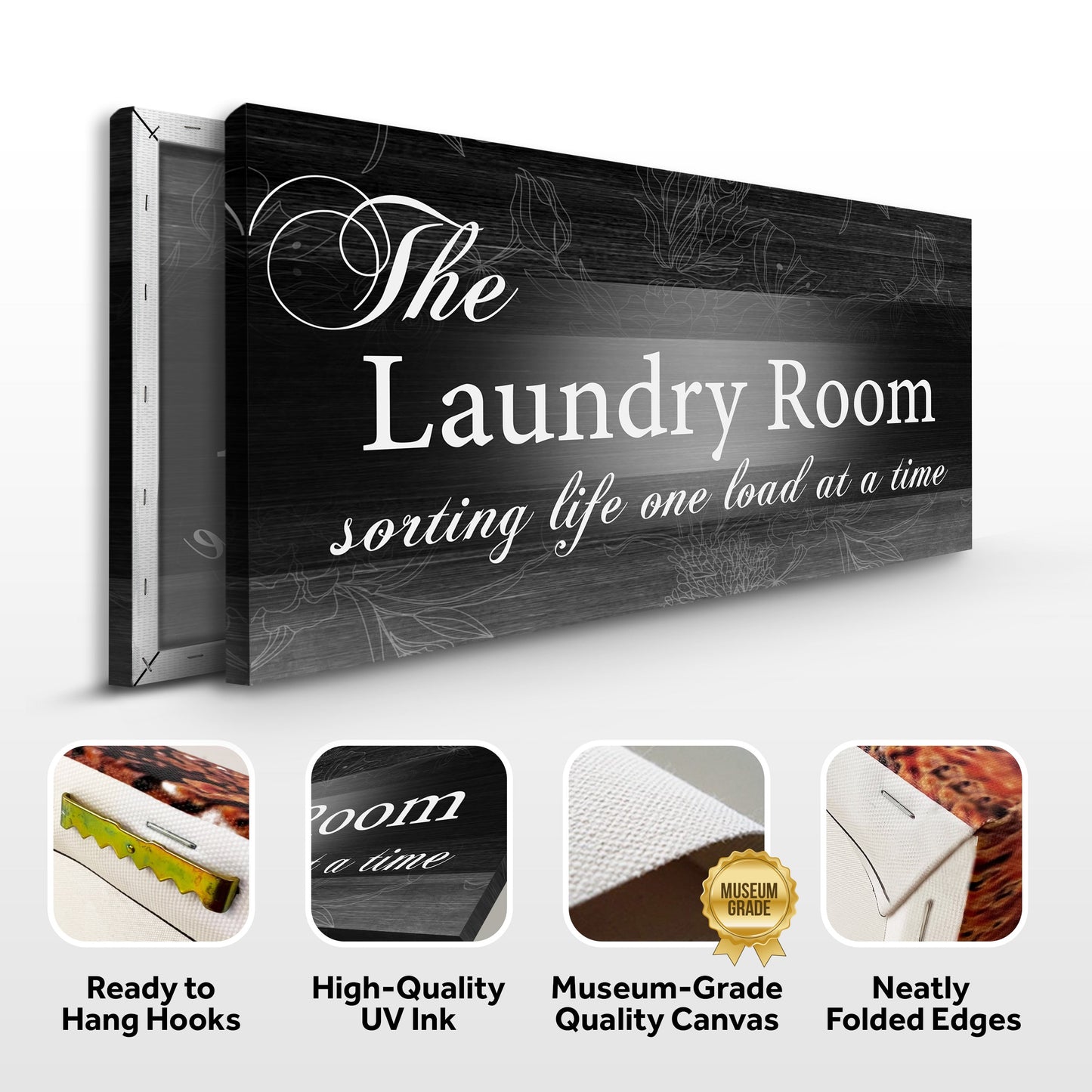 The Laundry Room Sign II canvas by Tailored Canvases; black woodgrain with white script on Tampa Home & Garden Store