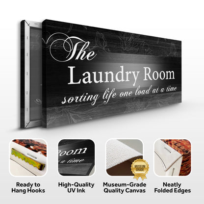 The Laundry Room Sign II canvas by Tailored Canvases; black woodgrain with white script on Tampa Home & Garden Store