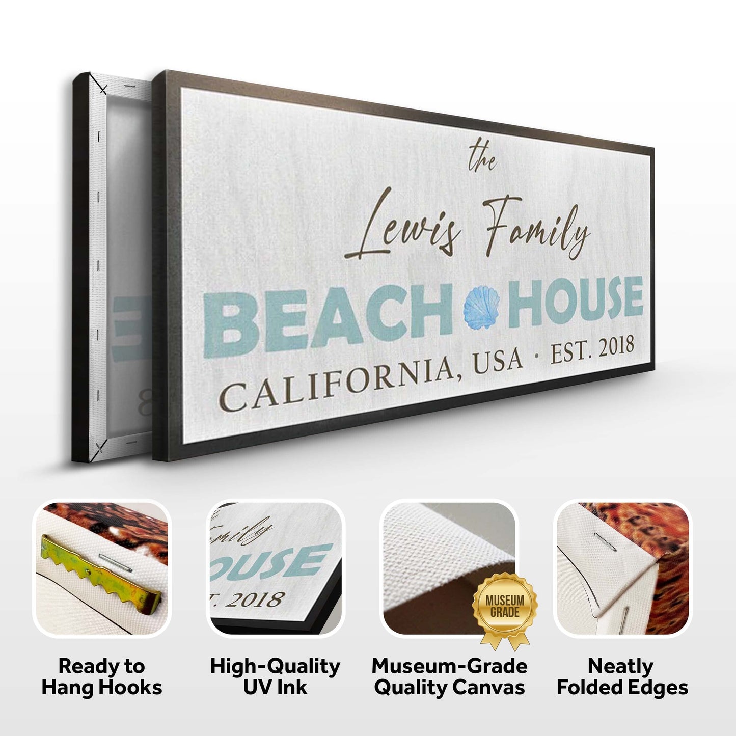 Canvas Beach House Sign by Tailored Canvases with light linen texture and brown frame on Tampa Home & Garden Store