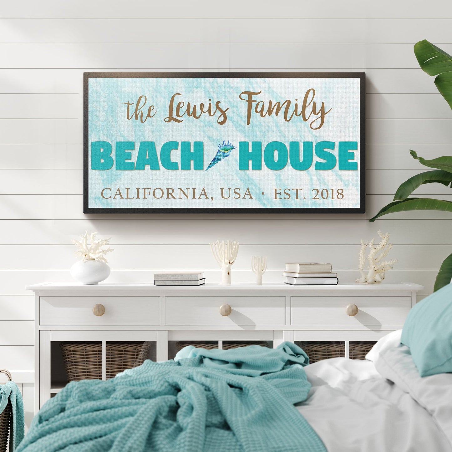 Beach House Sign II canvas wall art by Tailored Canvases with turquoise BEACH HOUSE text on Tampa Home & Garden Store