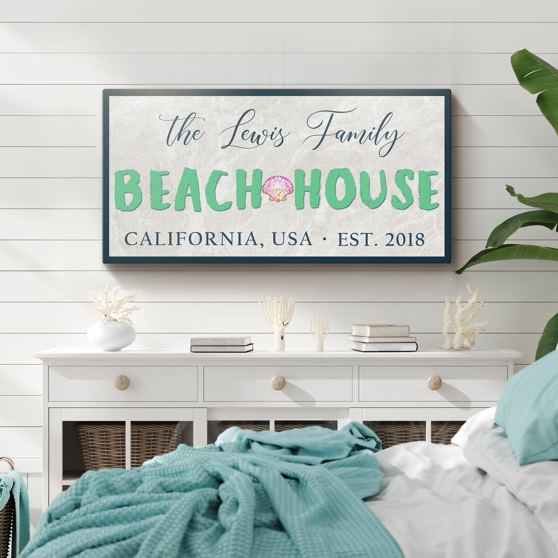 Beach House Sign III canvas by Tailored Canvases with BEACH HOUSE lettering and seashell, navy frame on Tampa Home & Garden Store