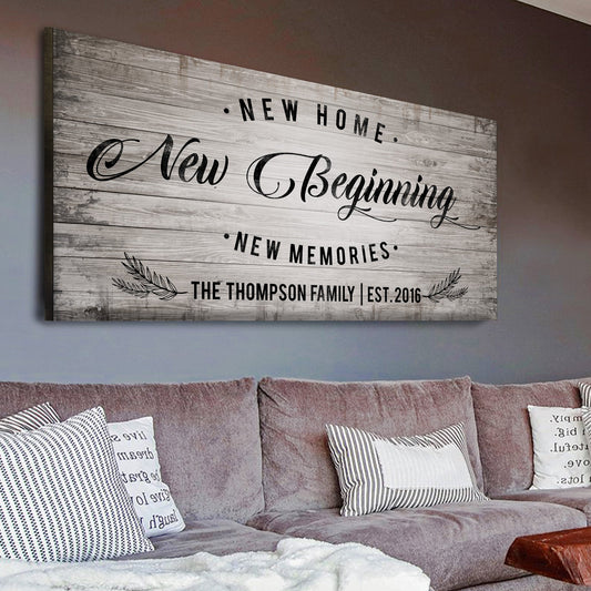 New Home Sign canvas wall art in wood plank design with black typography Tailored Canvases on Tampa Home & Garden Store