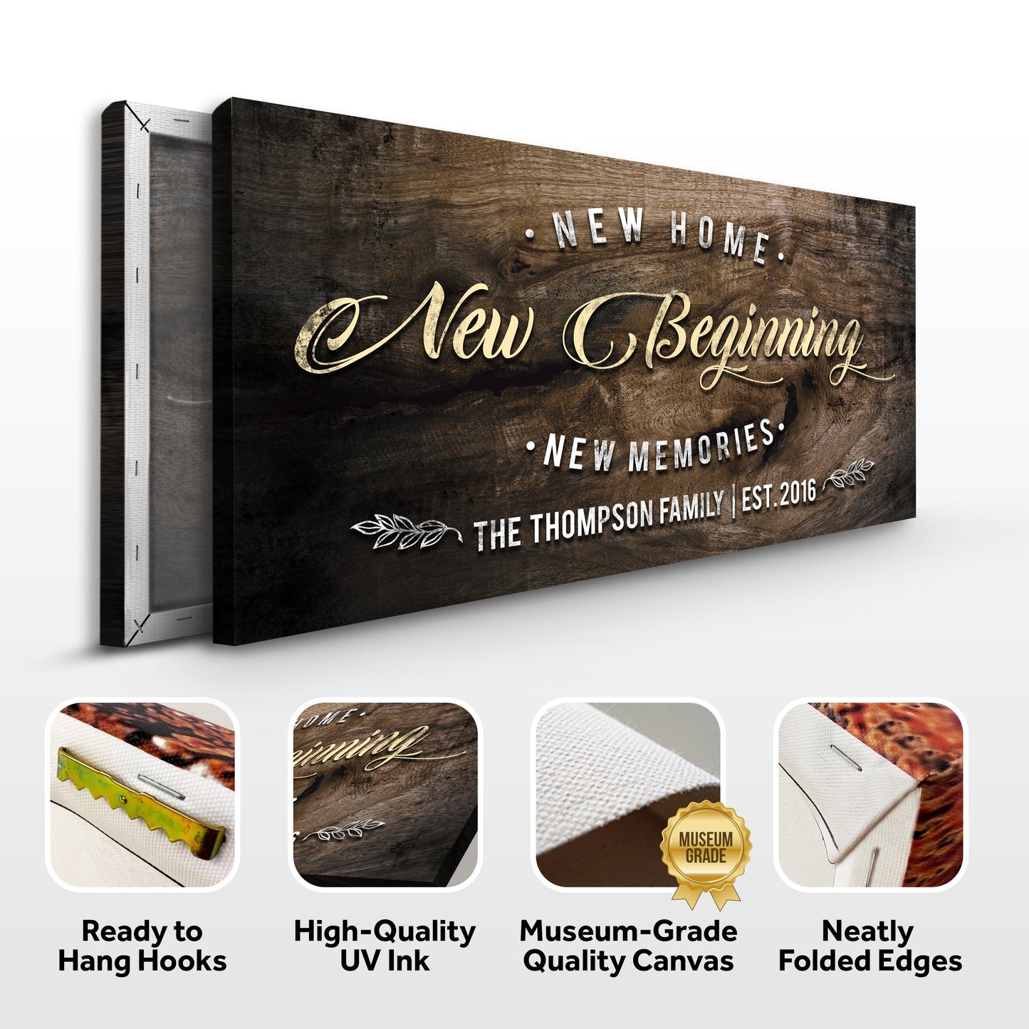 New Home Sign II canvas on rustic wood panel with cream script text Tailored Canvases on Tampa Home & Garden Store