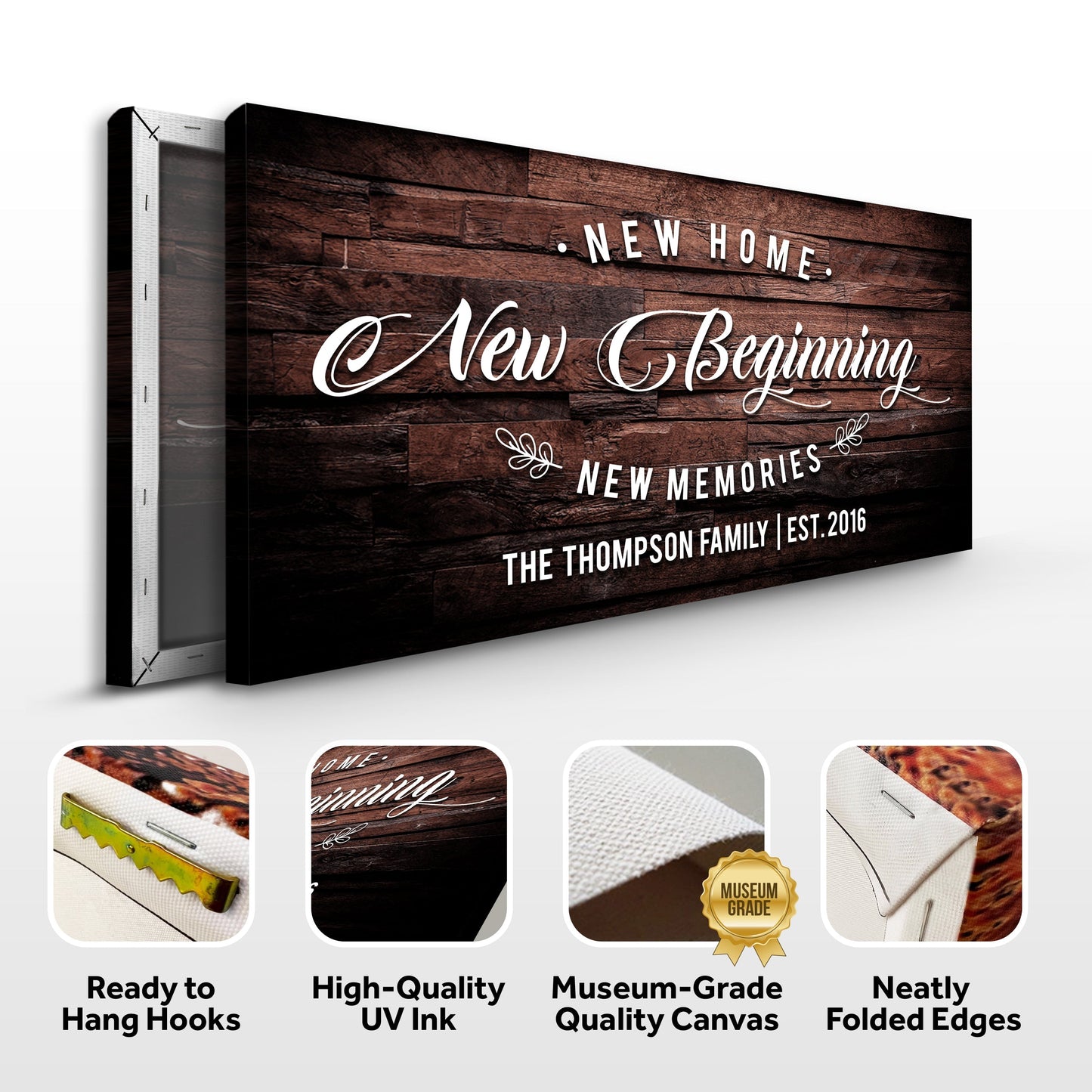 New Home Sign III canvas with dark wood backdrop and elegant white script typography on Tampa Home & Garden Store