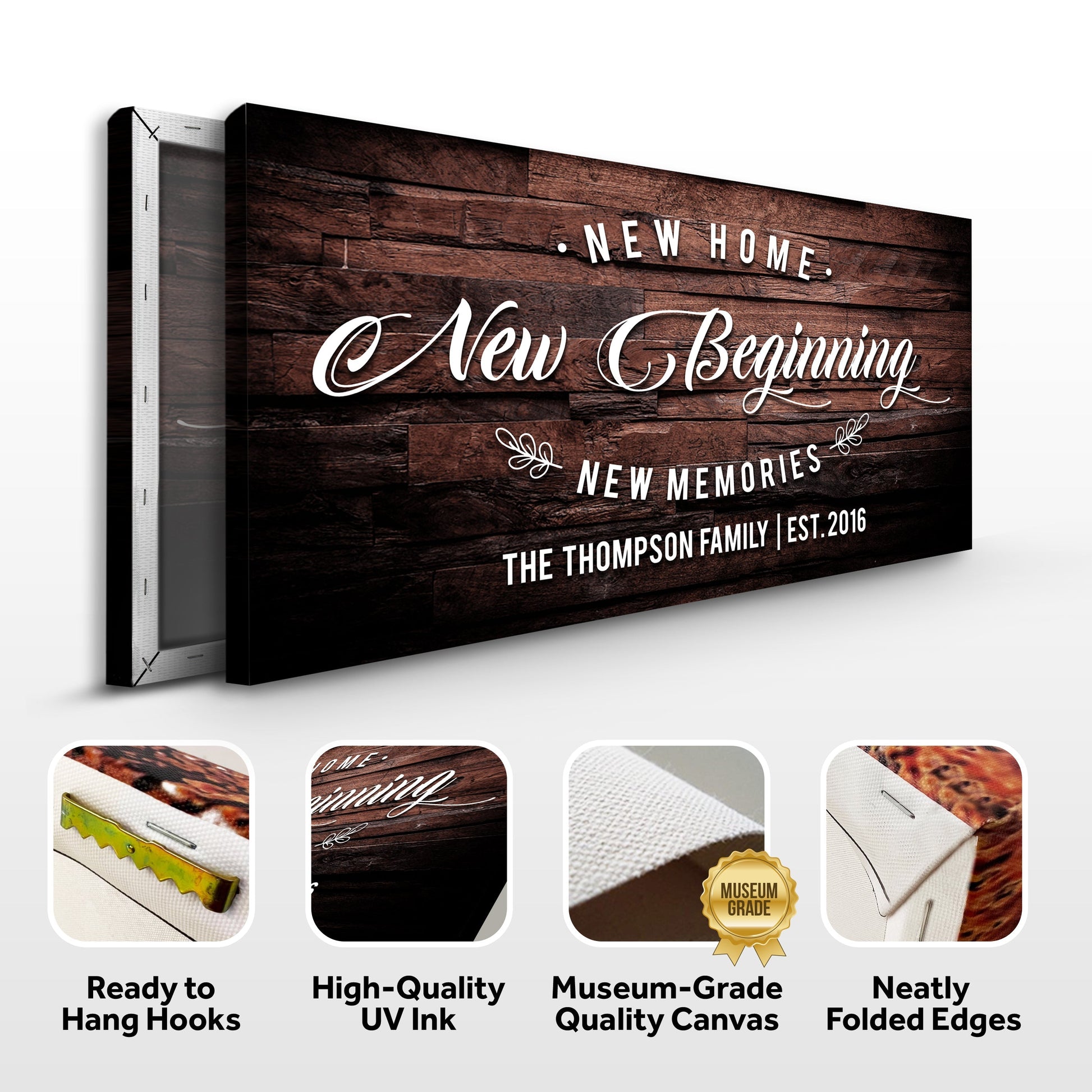New Home Sign III canvas with dark wood backdrop and elegant white script typography on Tampa Home & Garden Store