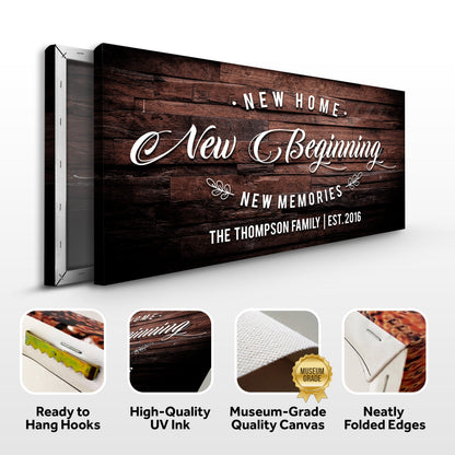 New Home Sign III canvas with dark wood backdrop and elegant white script typography on Tampa Home & Garden Store