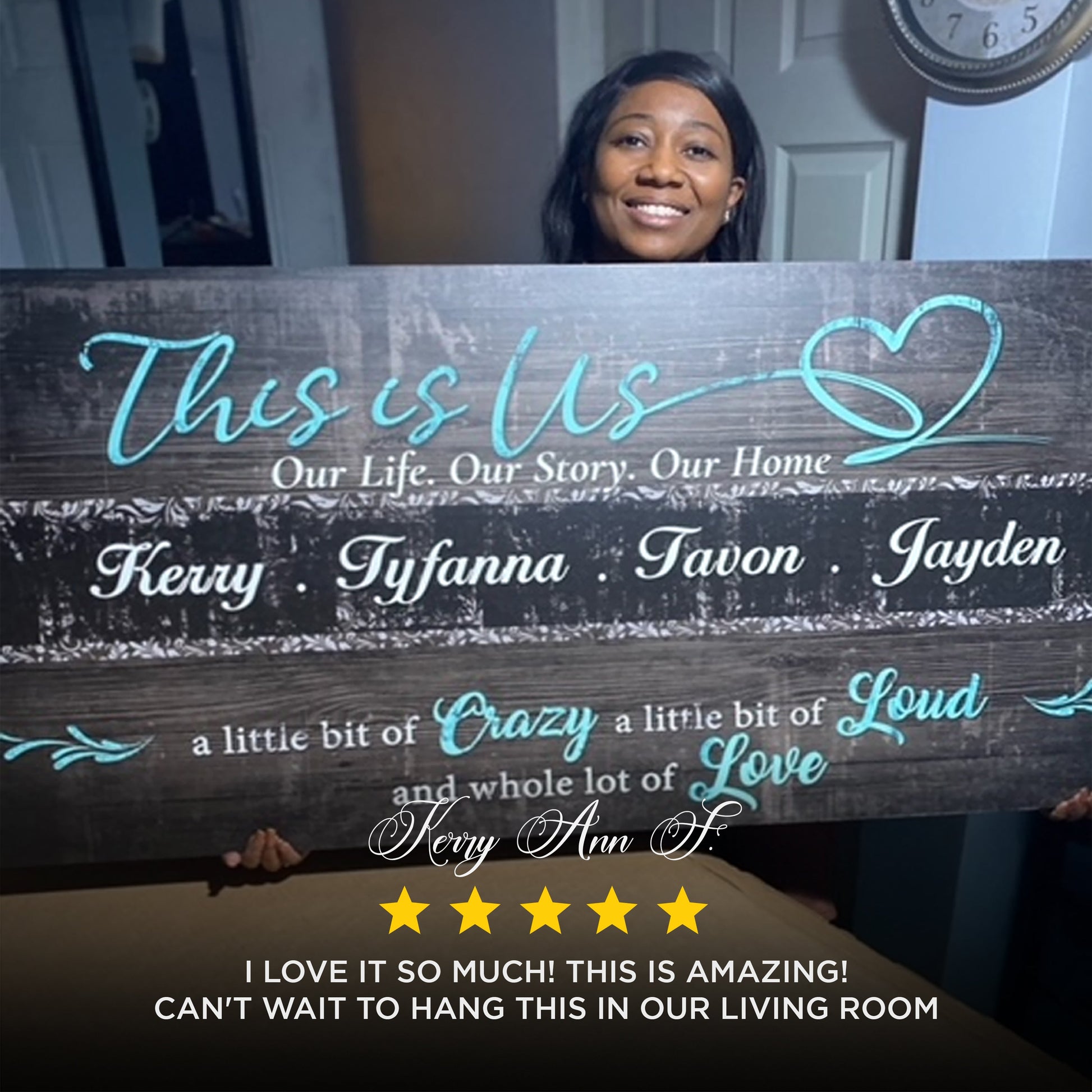 This Is Us Family Sign canvas by Tailored Canvases with teal script on wood panel on Tampa Home & Garden Store