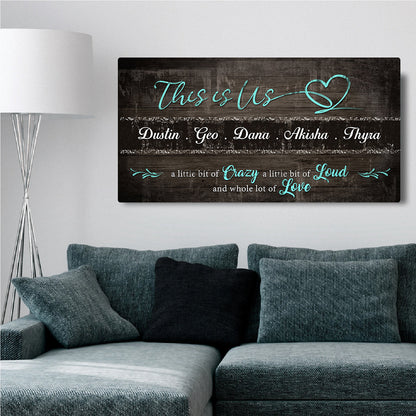 This is Us Family Sign canvas wall art teal script on dark wood backdrop Tailored Canvases on Tampa Home & Garden Store