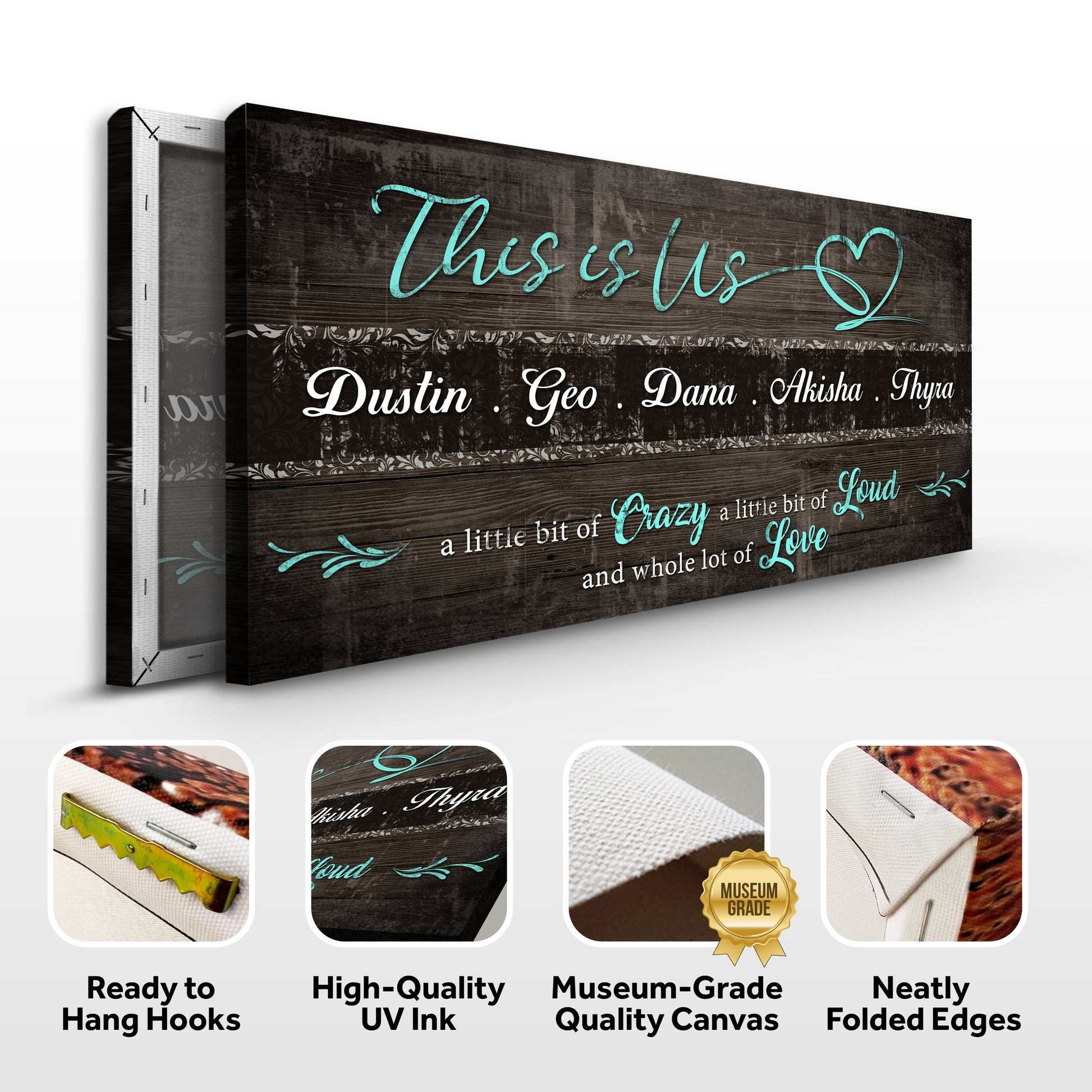 This is Us Family Sign Canvas with turquoise script on distressed wood Tailored Canvases on Tampa Home & Garden Store