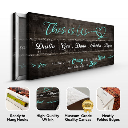 This is Us Family Sign Canvas with turquoise script on distressed wood Tailored Canvases on Tampa Home & Garden Store