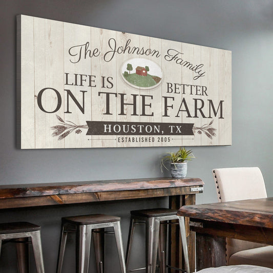 Life Is Better On The Farm canvas sign with rustic wood panel backdrop and farm scene on Tampa Home & Garden Store