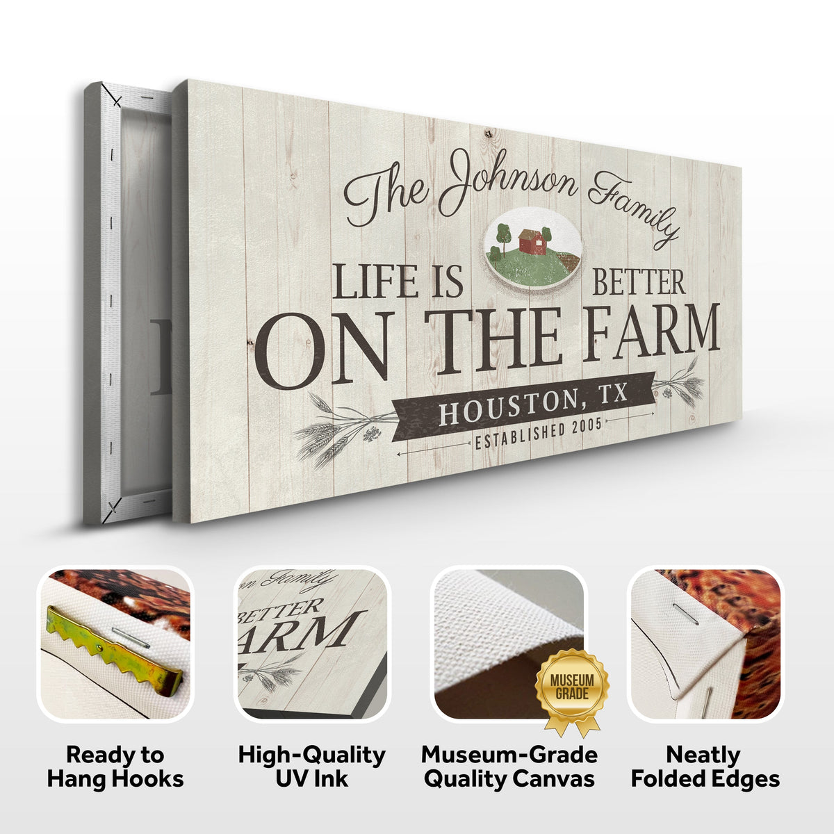 Life Is Better On The Farm Sign canvas by Tailored Canvases with rustic wood plank design on Tampa Home & Garden Store