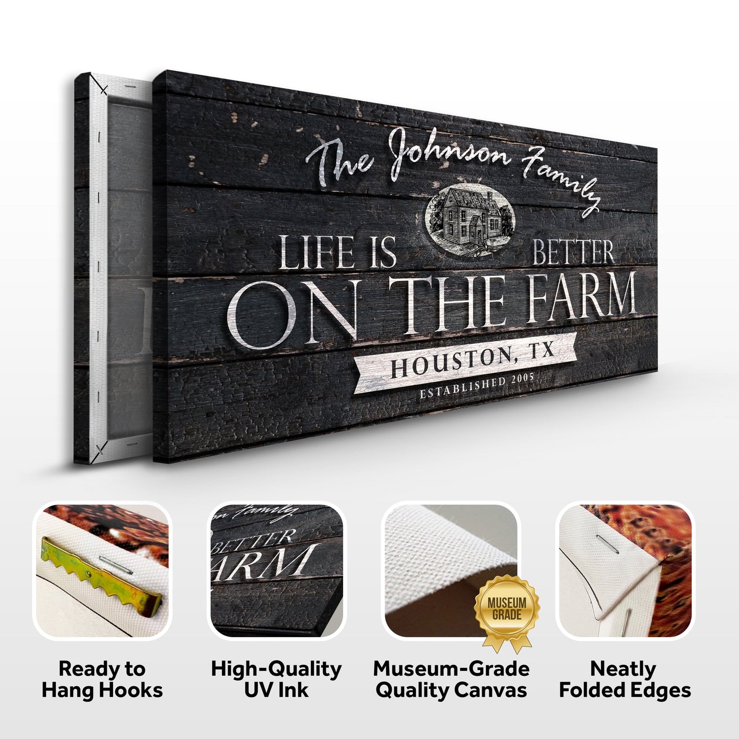 Life Is Better On The Farm Sign V canvas by Tailored Canvases, dark wood with white print on Tampa Home & Garden Store