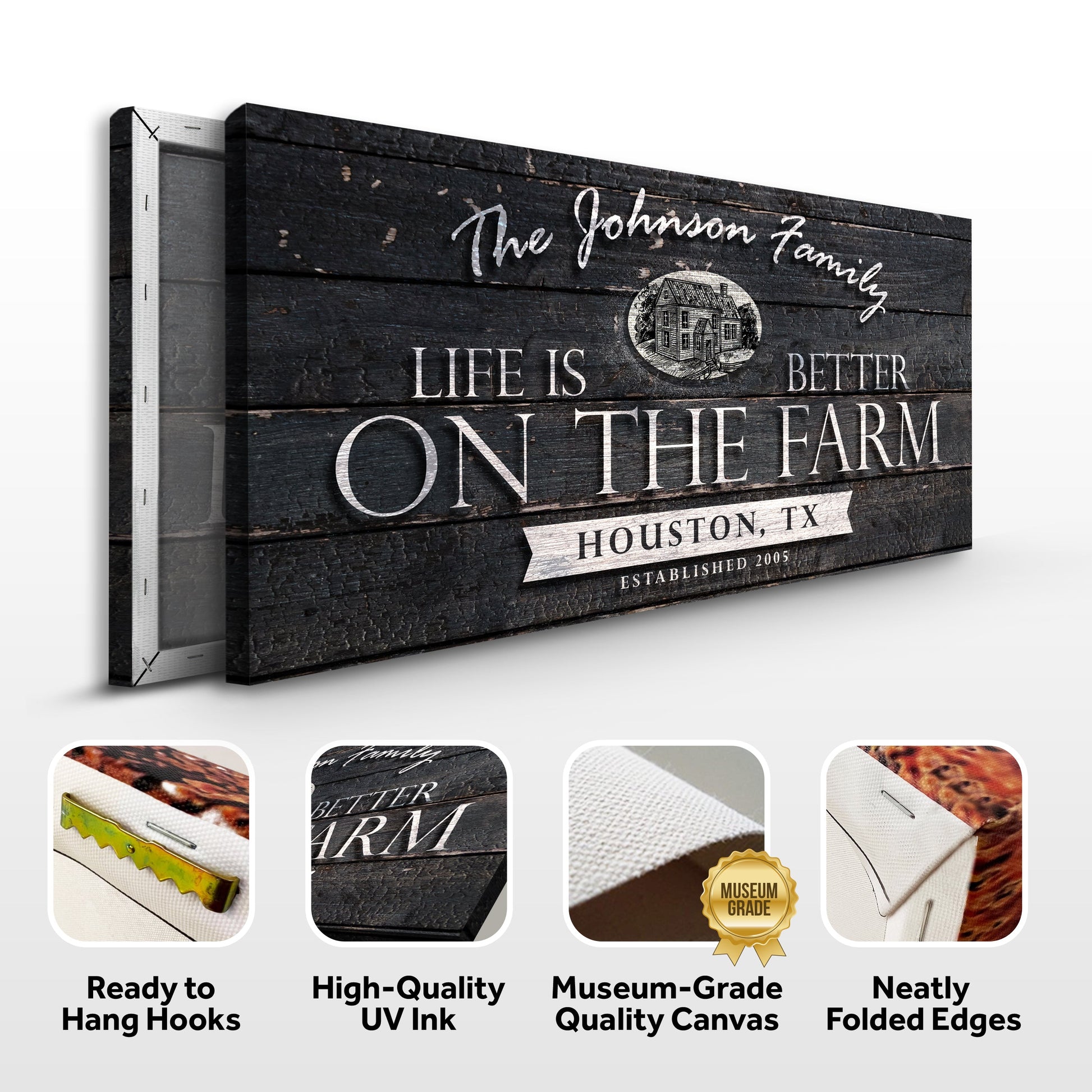 Life Is Better On The Farm Sign V canvas by Tailored Canvases, dark wood with white print on Tampa Home & Garden Store