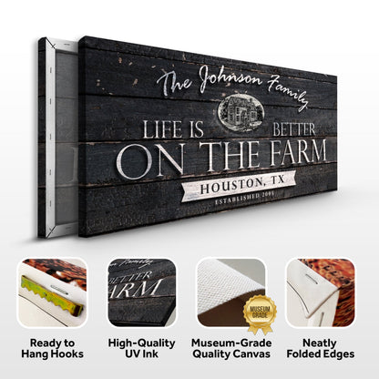 Life Is Better On The Farm Sign V canvas by Tailored Canvases, dark wood with white print on Tampa Home & Garden Store