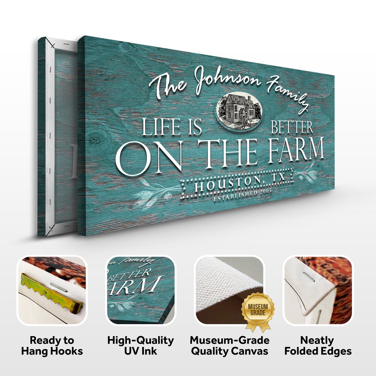 Life Is Better On The Farm canvas sign VI on teal weathered wood with farmhouse circle on Tampa Home & Garden Store