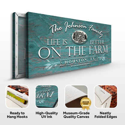 Life Is Better On The Farm canvas sign VI on teal weathered wood with farmhouse circle on Tampa Home & Garden Store