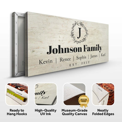 Canvas sign Tailored Canvases Personalized Family Sign with laurel monogram on weathered wood on Tampa Home & Garden Store