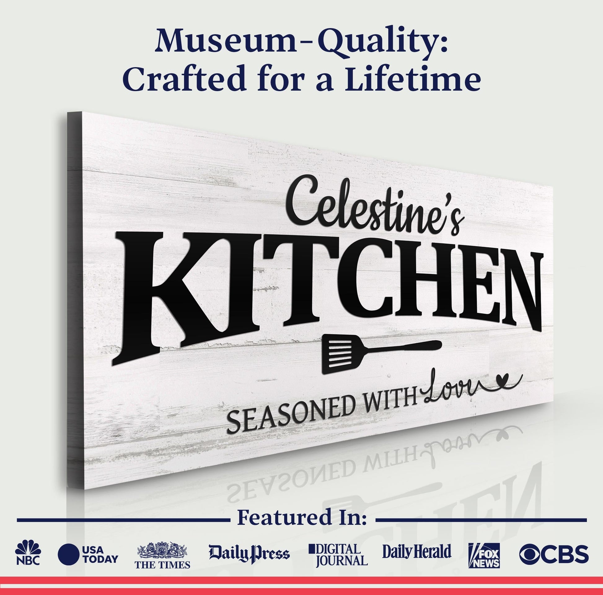 Your Kitchen Sign canvas by Tailored Canvases with bold KITCHEN on white wood backdrop on Tampa Home & Garden Store