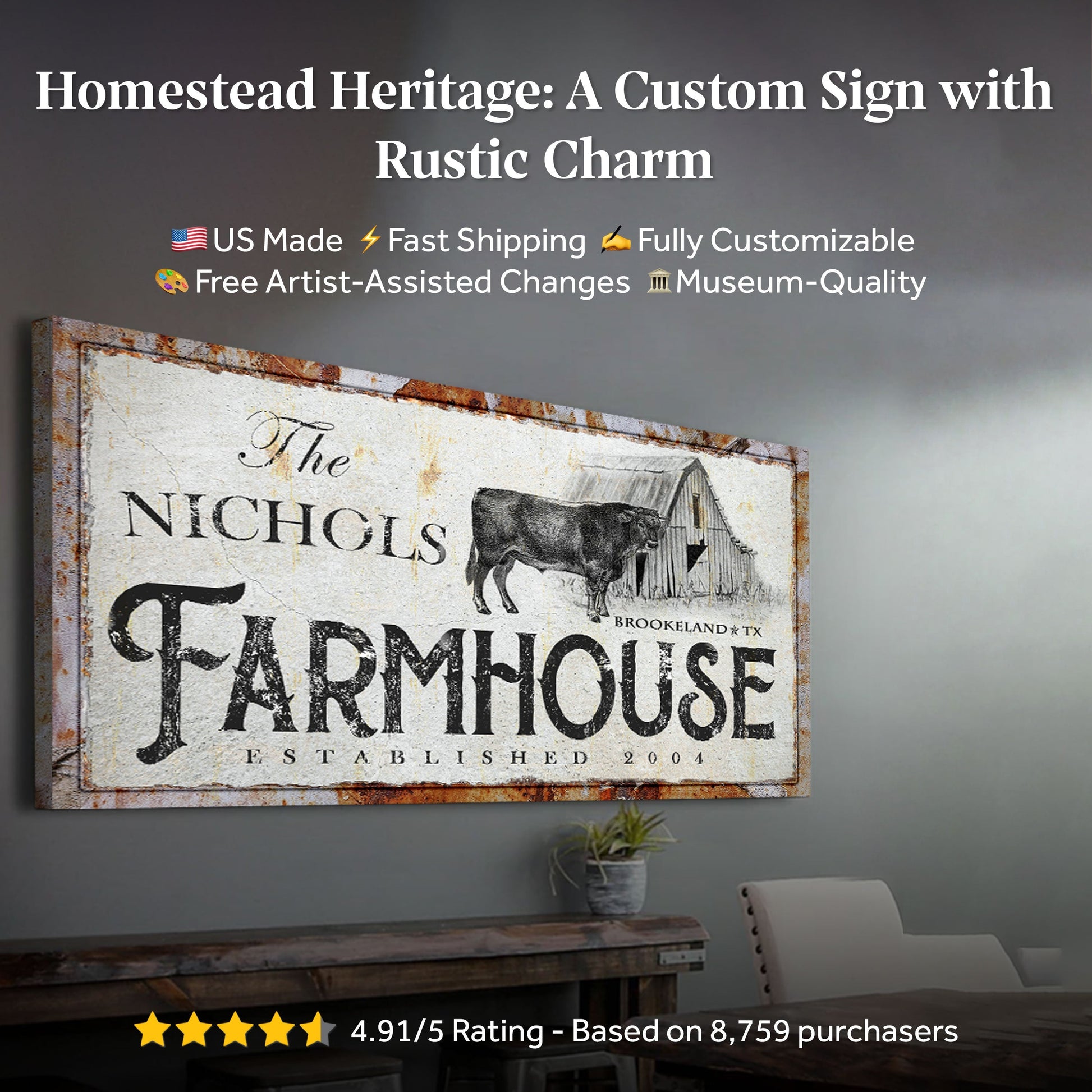 Rustic Farmhouse Sign canvas by Tailored Canvases with vintage typography on surface on Tampa Home & Garden Store
