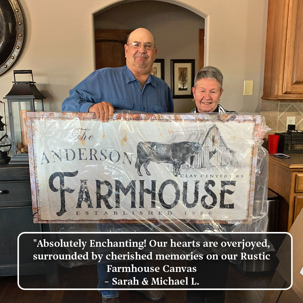 Rustic Farmhouse Sign X canvas by Tailored Canvases featuring barn and cow illustration on Tampa Home & Garden Store