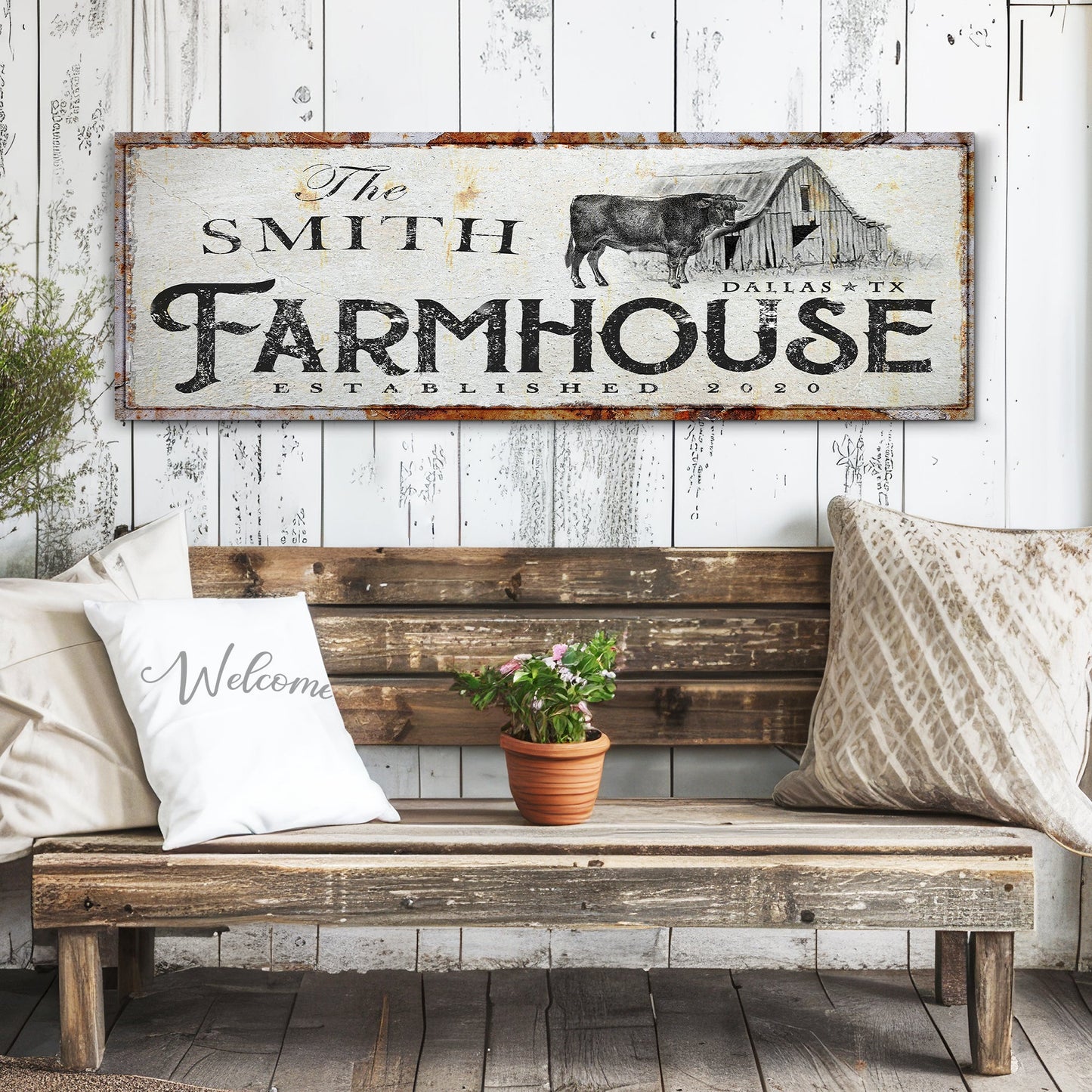 Canvas crafting sign XIV by Tailored Canvases, rustic farmhouse panel with cow and barn on Tampa Home & Garden Store