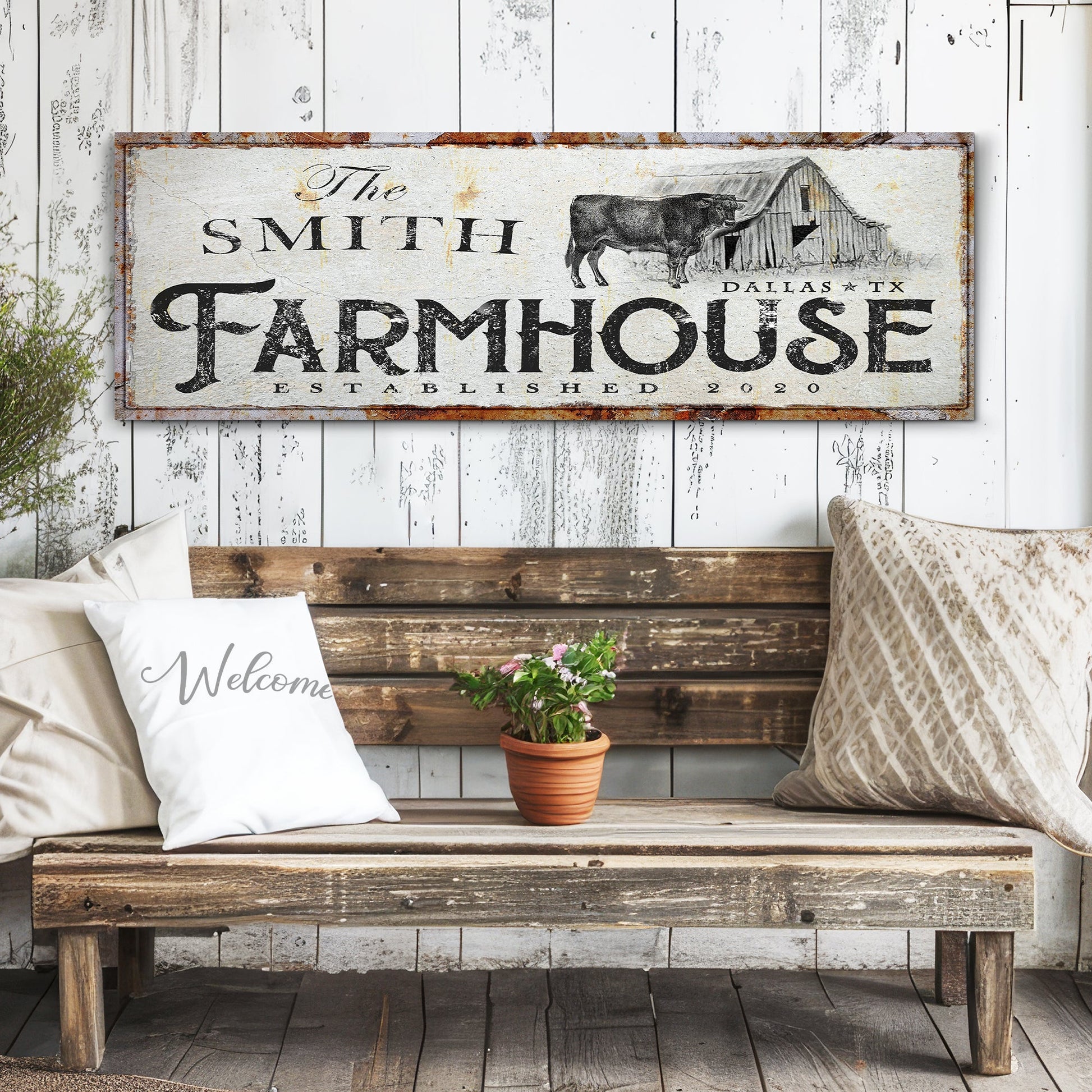 Canvas crafting sign XIV by Tailored Canvases, rustic farmhouse panel with cow and barn on Tampa Home & Garden Store