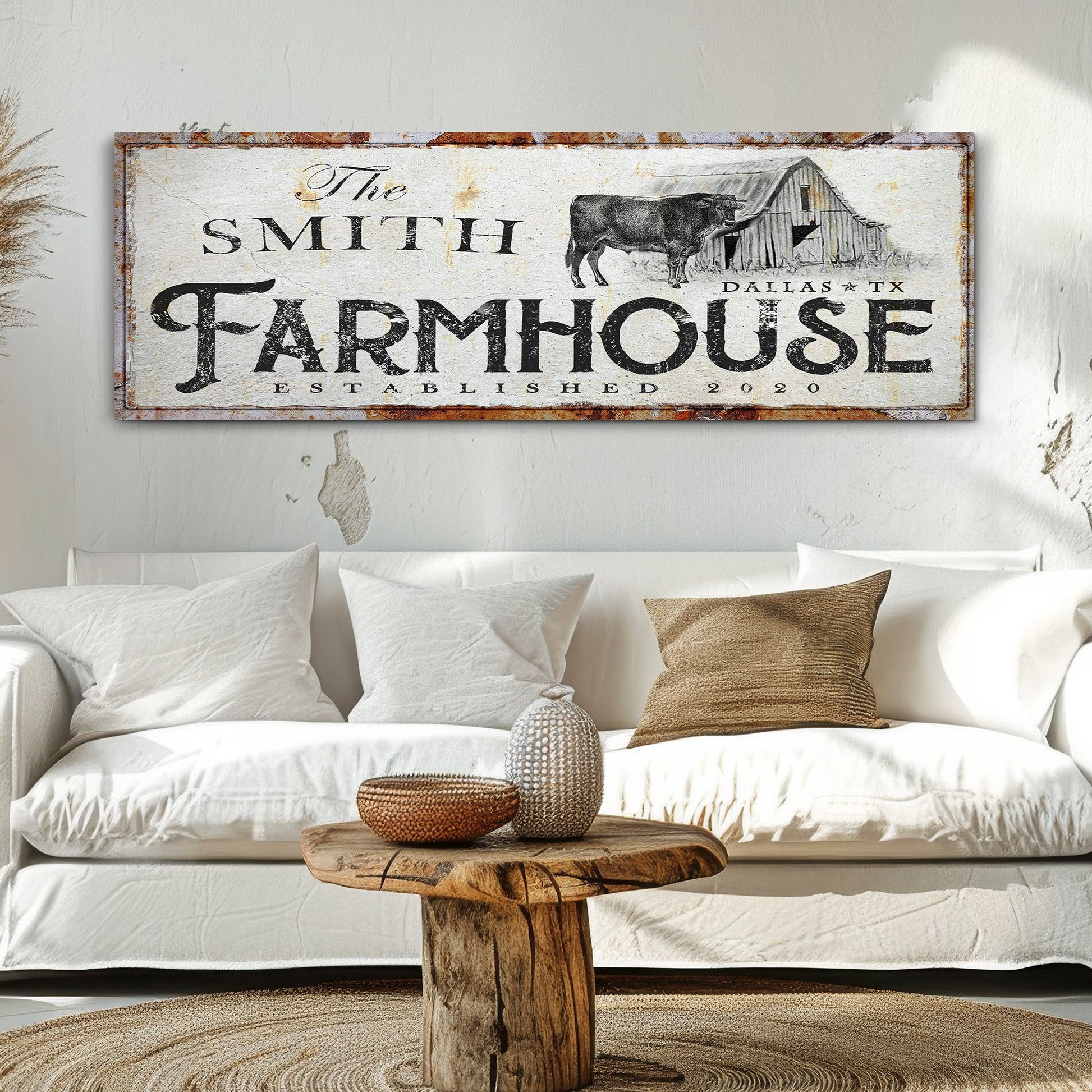 Rustic Farmhouse Sign XIV canvas with weathered white finish and cow-by-barn illustration on Tampa Home & Garden Store