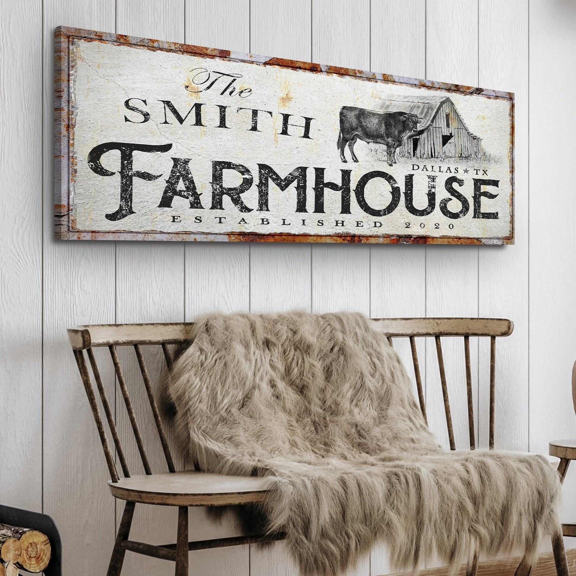 Rustic Farmhouse Sign XIV canvas by Tailored Canvases, distressed white surface with rusted edges on Tampa Home & Garden Store