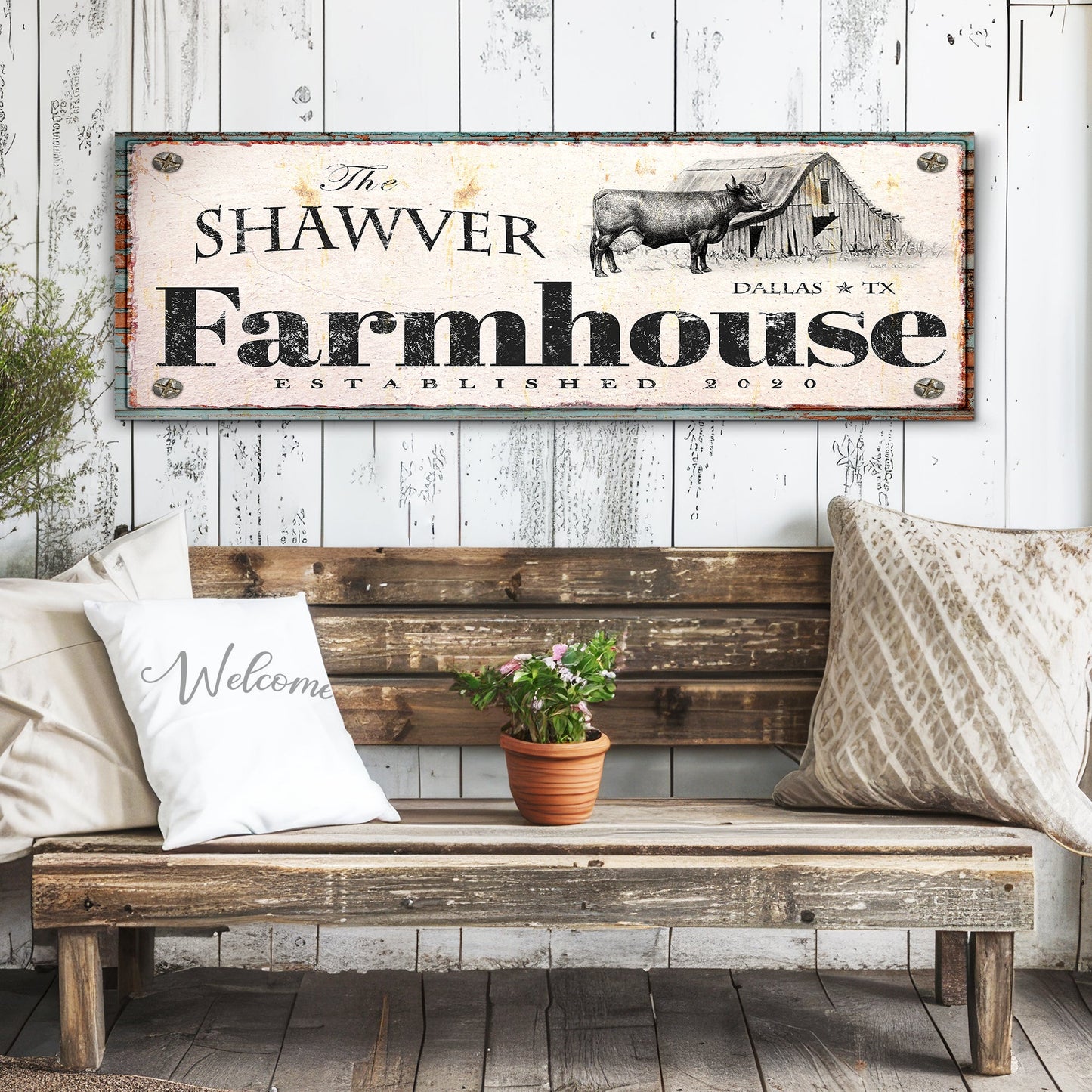 Rustic Farmhouse Sign XV canvas crafting sign by Tailored Canvases with barn and cow illustration on Tampa Home & Garden Store
