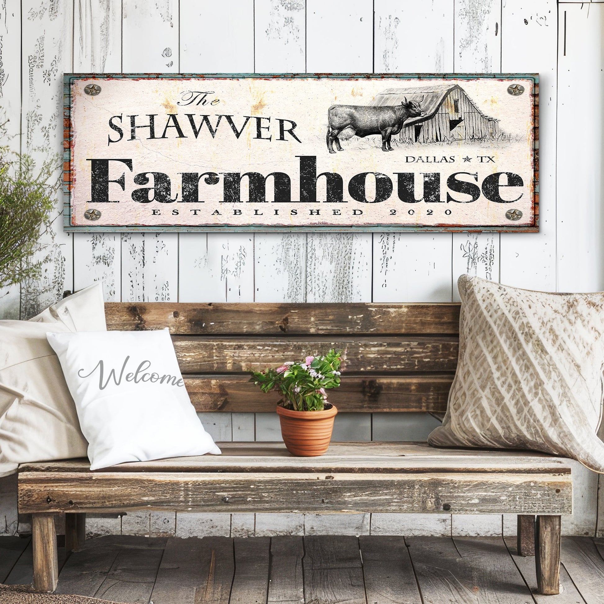Rustic Farmhouse Sign XV canvas crafting sign by Tailored Canvases with barn and cow illustration on Tampa Home & Garden Store
