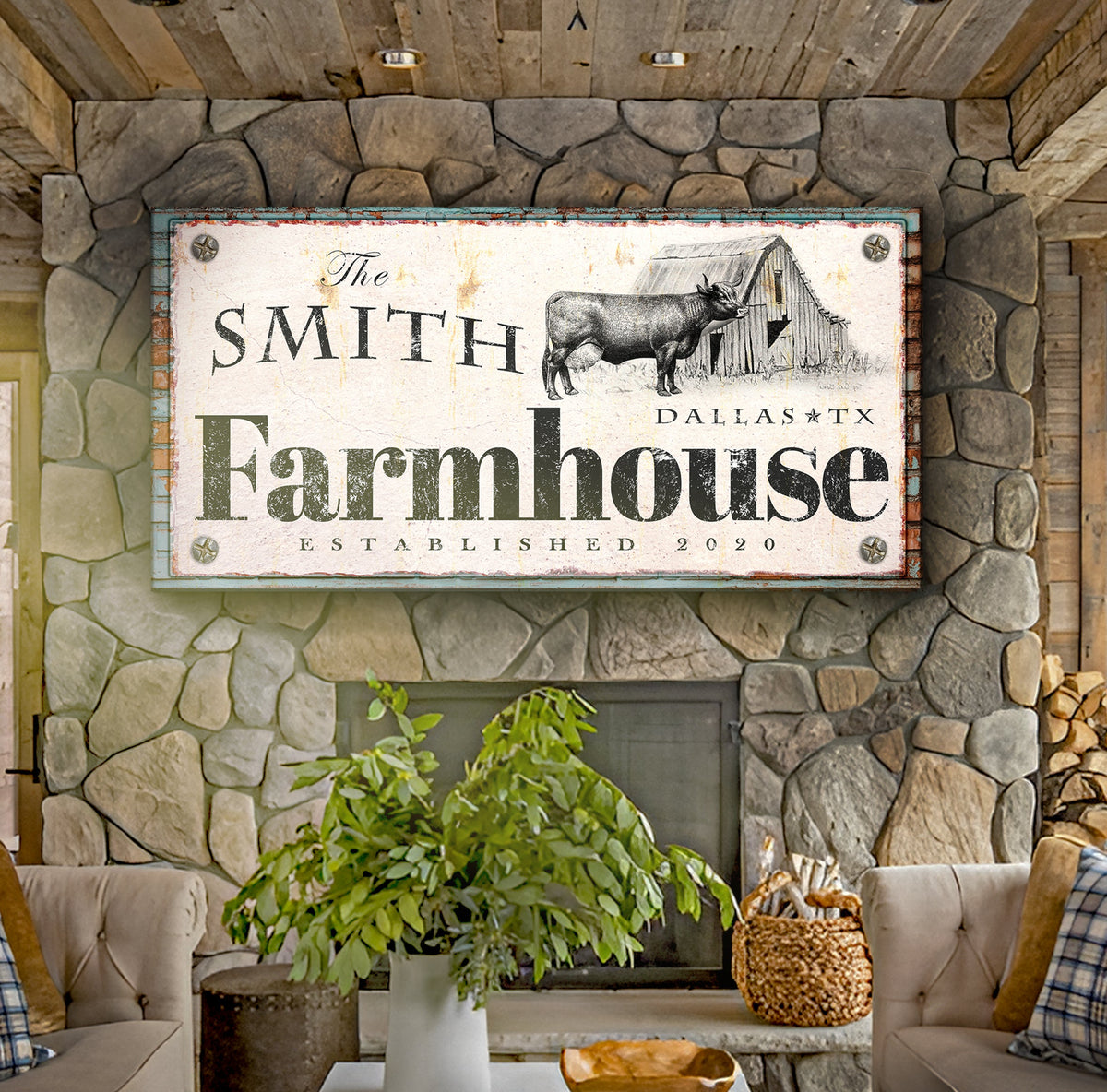 Rustic Farmhouse Sign II canvas with white panel, longhorn motif on teal border on Tampa Home & Garden Store