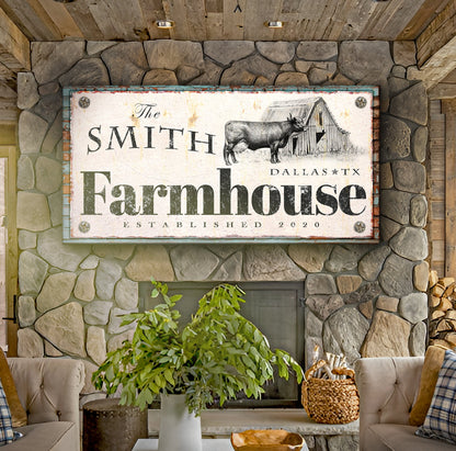 Rustic Farmhouse Sign II canvas with white panel, longhorn motif on teal border on Tampa Home & Garden Store