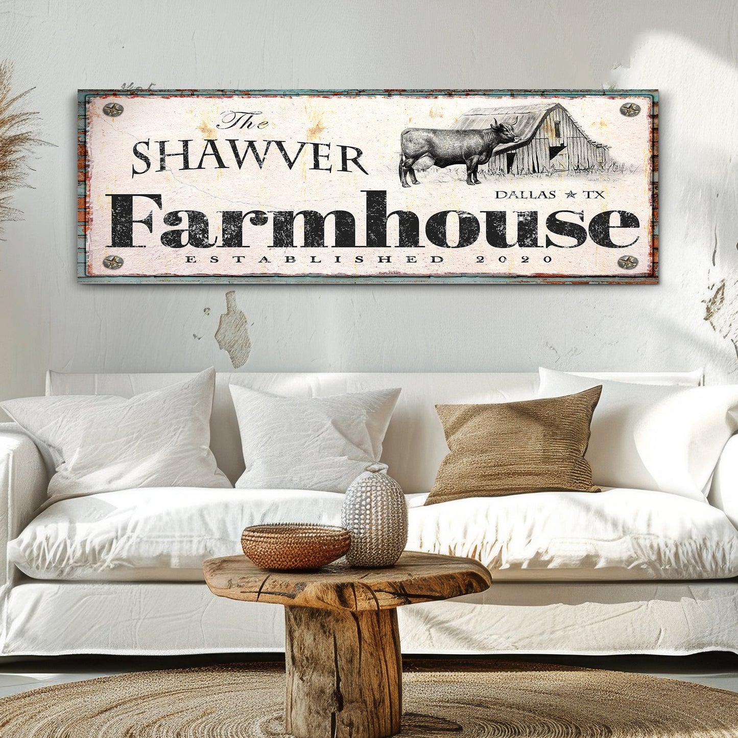 Rustic Farmhouse Sign XV canvas by Tailored Canvases, distressed white with Farmhouse text on Tampa Home & Garden Store