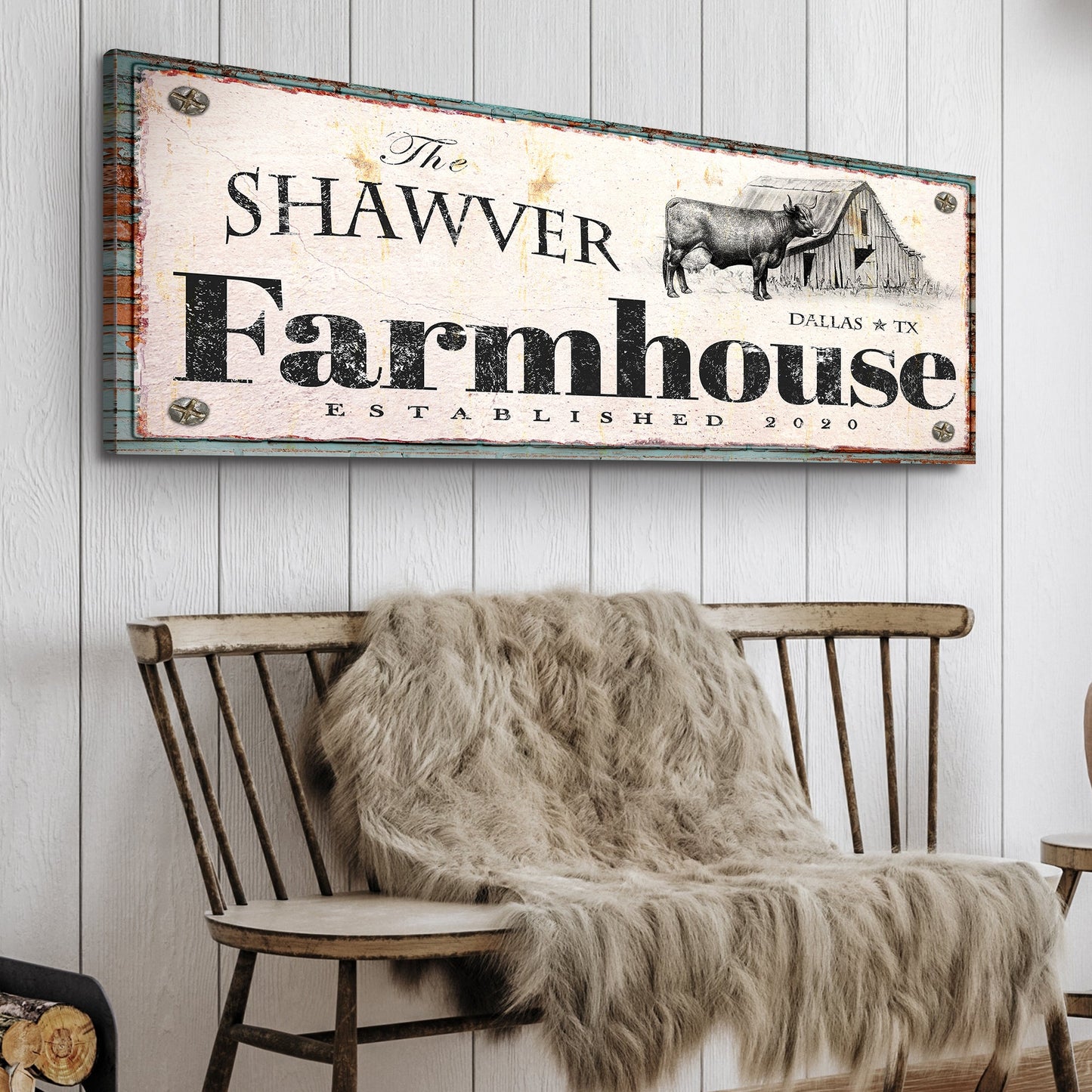 Canvas Rustic Farmhouse Sign XV with distressed beige backdrop, barn illustration and teal edge on Tampa Home & Garden Store