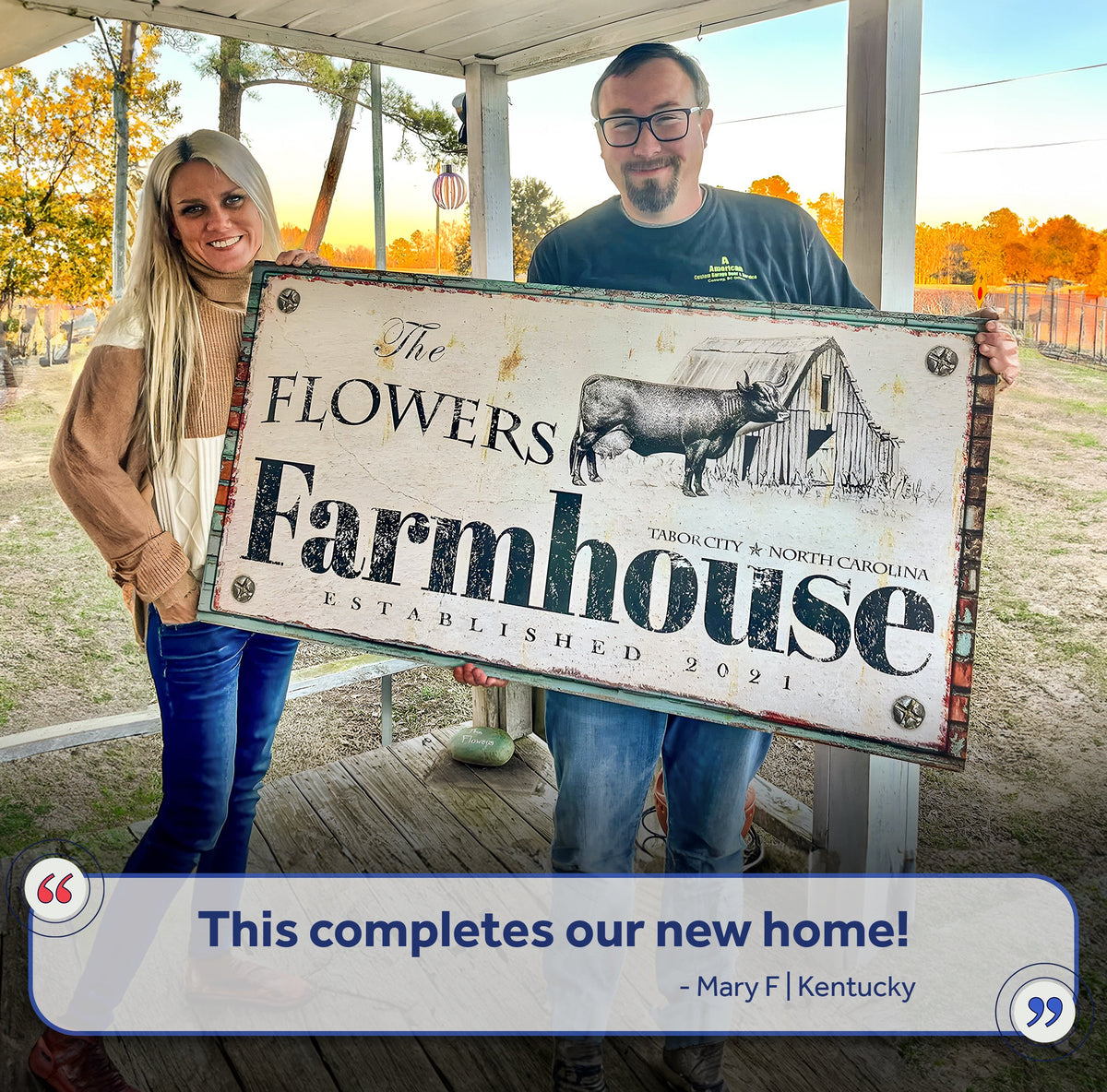 Rustic Farmhouse Sign II canvas held outdoors with autumn trees and barn illustration on Tampa Home & Garden Store