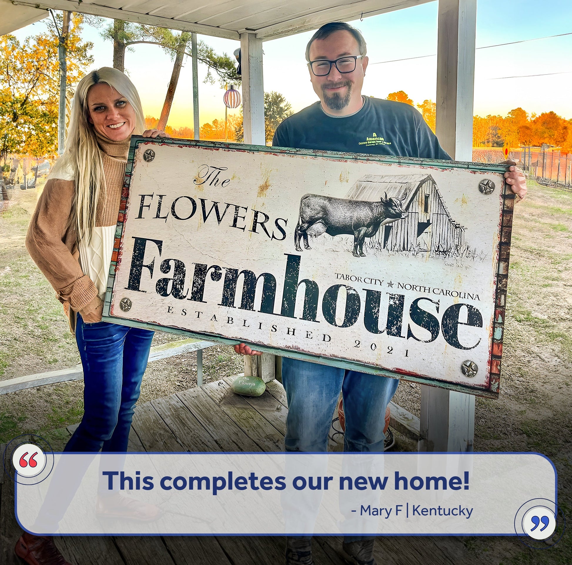 Rustic Farmhouse Sign II canvas held outdoors with autumn trees and barn illustration on Tampa Home & Garden Store