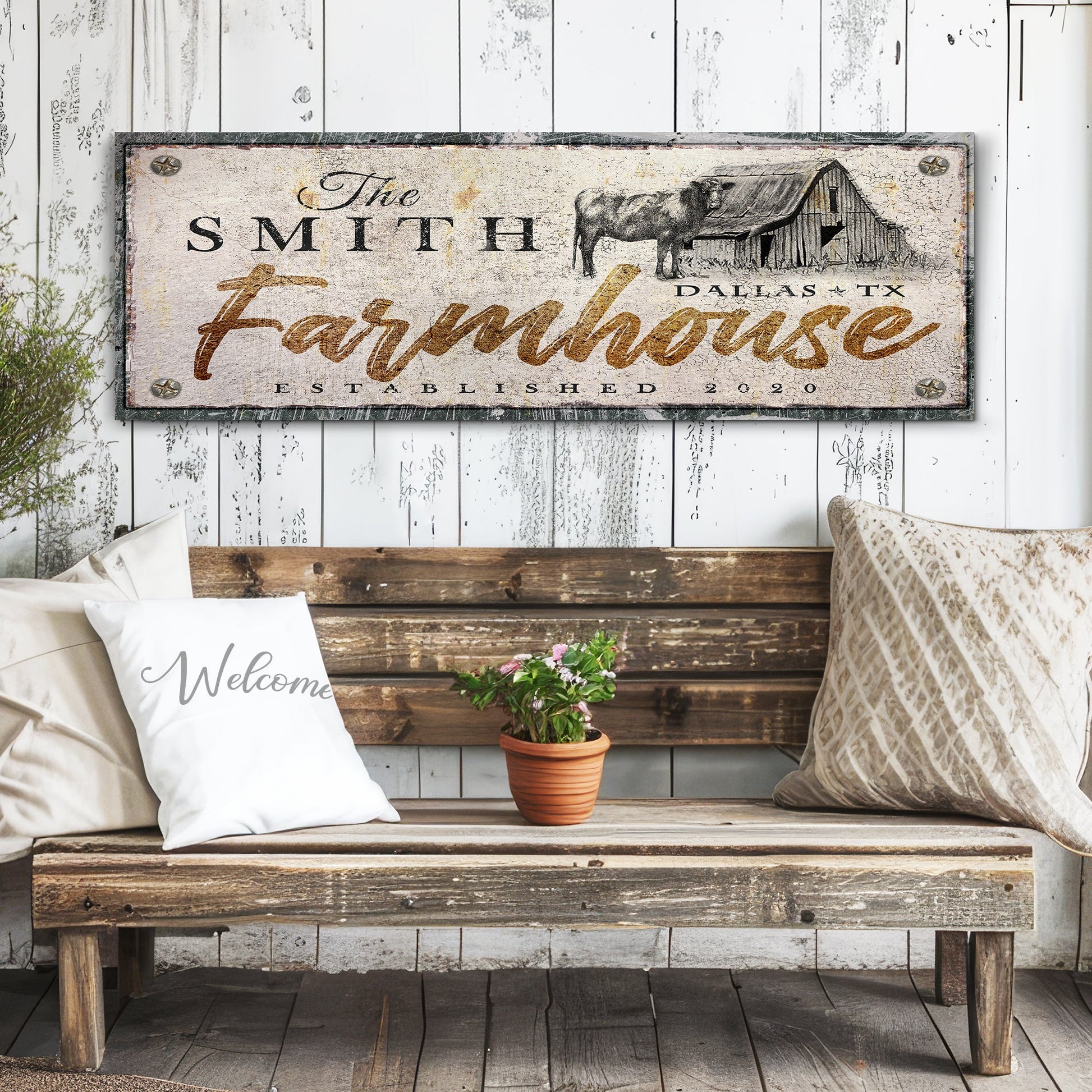 Rustic Farmhouse Sign XVI canvas with cow and barn illustration on distressed wood on Tampa Home & Garden Store