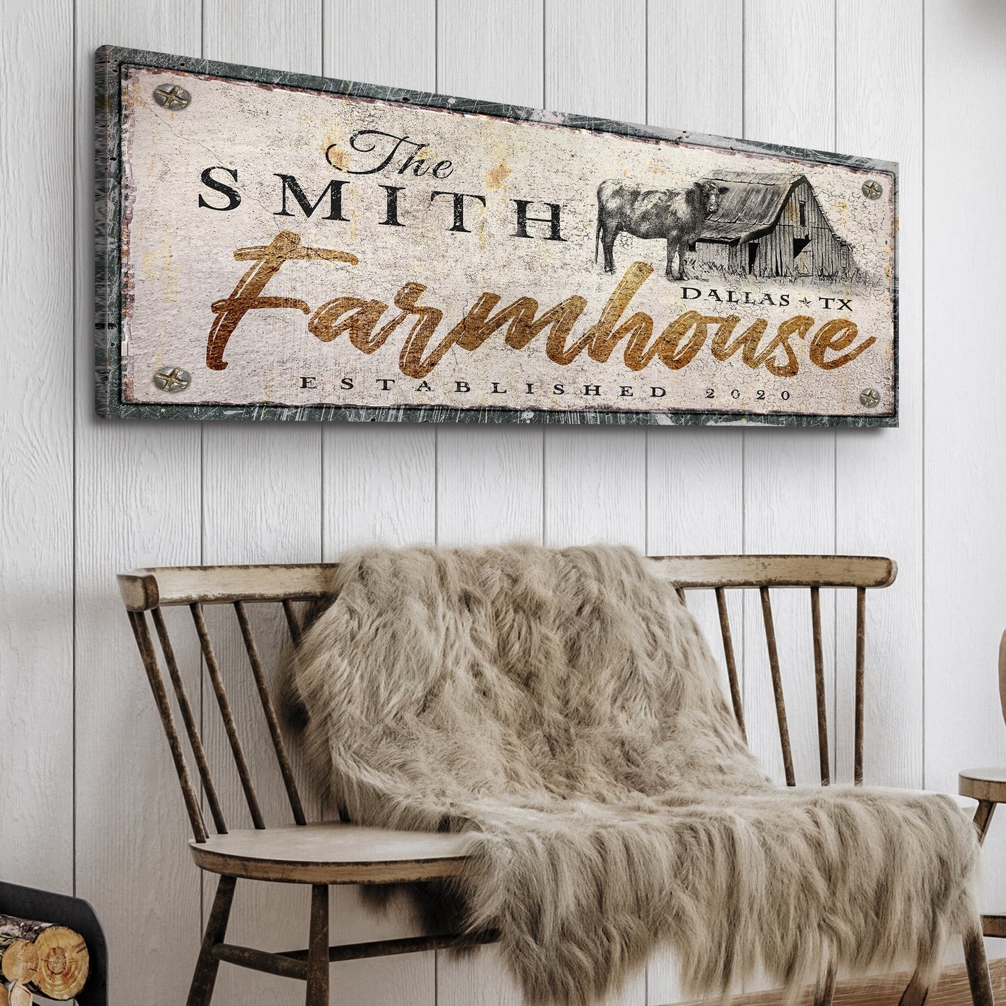 Rustic Farmhouse Sign XVI canvas by Tailored Canvases with weathered finish and barn scene on Tampa Home & Garden Store