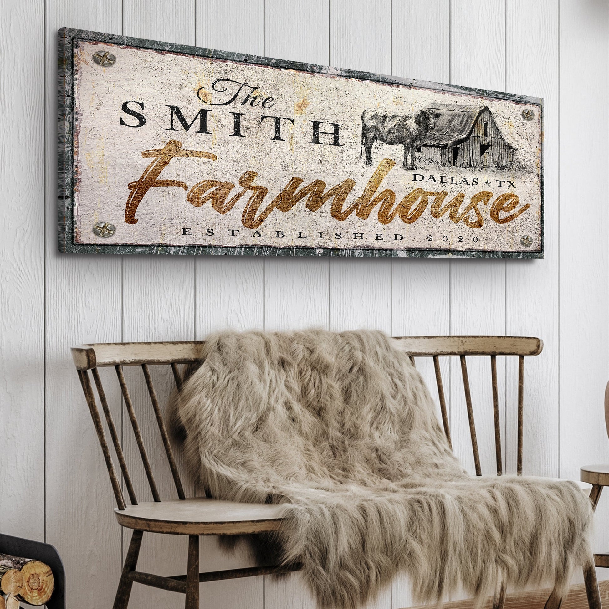 Rustic Farmhouse Sign XVI canvas by Tailored Canvases with weathered finish and barn scene on Tampa Home & Garden Store