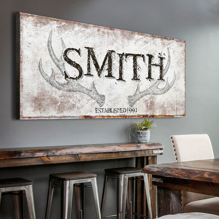 Rustic family antler sign canvas by Tailored Canvases with distressed white finish on Tampa Home & Garden Store