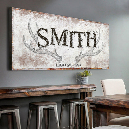 Rustic family antler sign canvas by Tailored Canvases with distressed white finish on Tampa Home & Garden Store