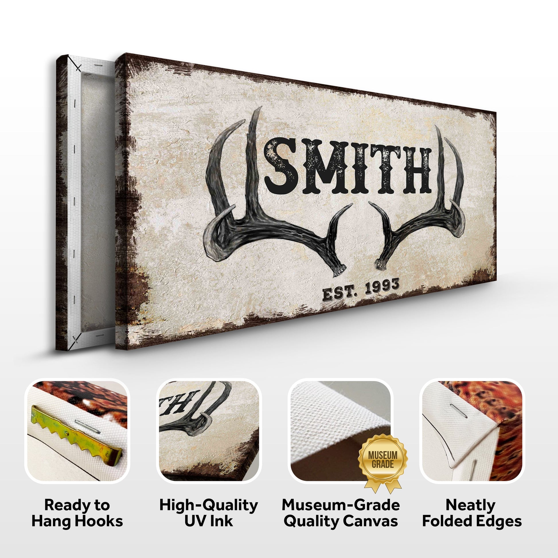 Rustic Family Antler Sign II canvas by Tailored Canvases with distressed texture and antlers on Tampa Home & Garden Store