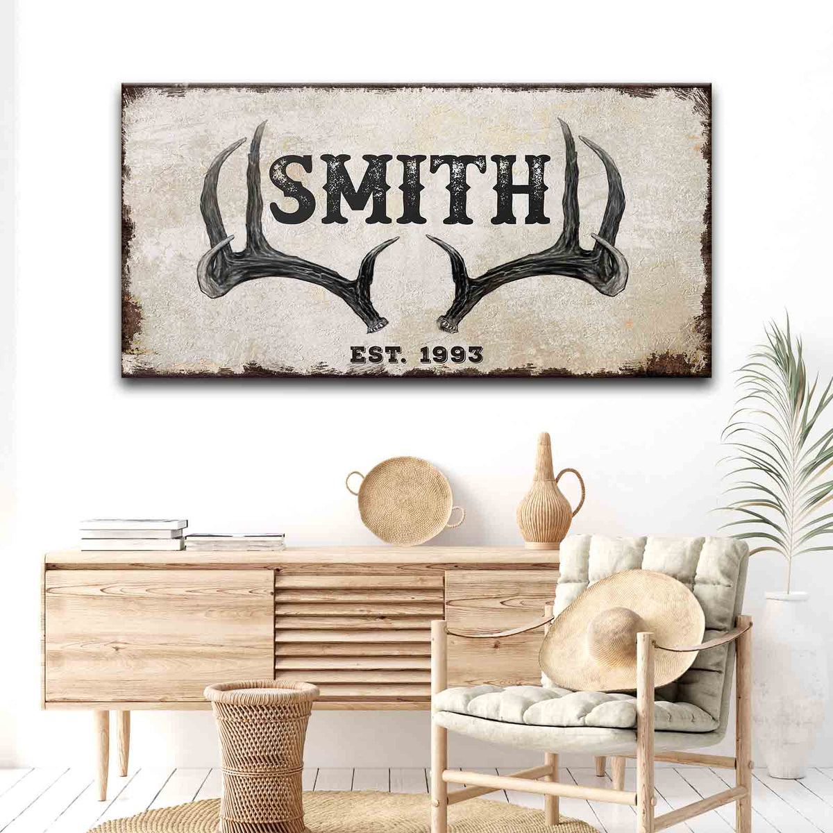 Rustic Family Antler Sign II canvas wall art with distress beige background and black SMITH text on Tampa Home & Garden Store