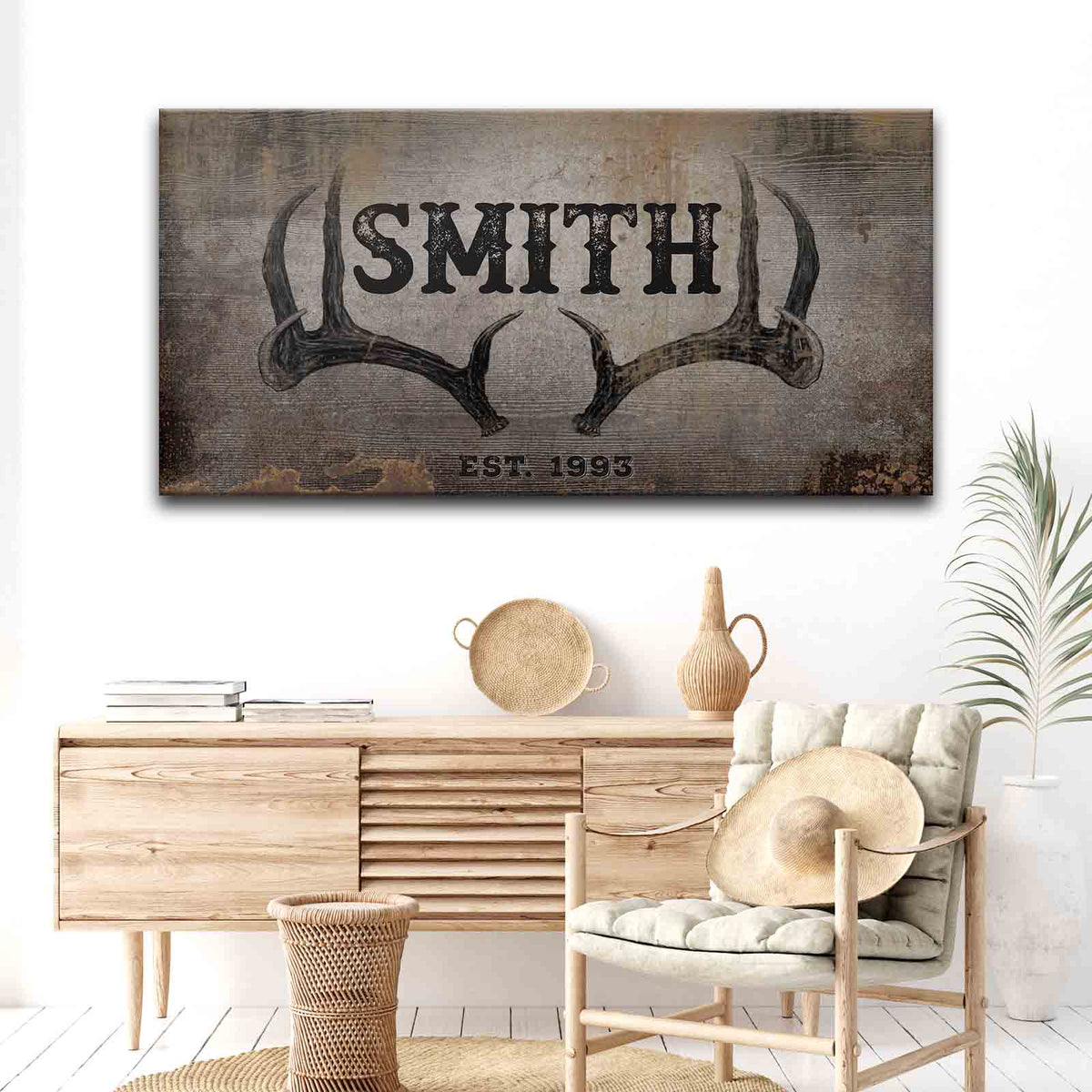 Rustic Family Antler Sign II canvas wall art with weathered wood texture by Tailored Canvases on Tampa Home & Garden Store