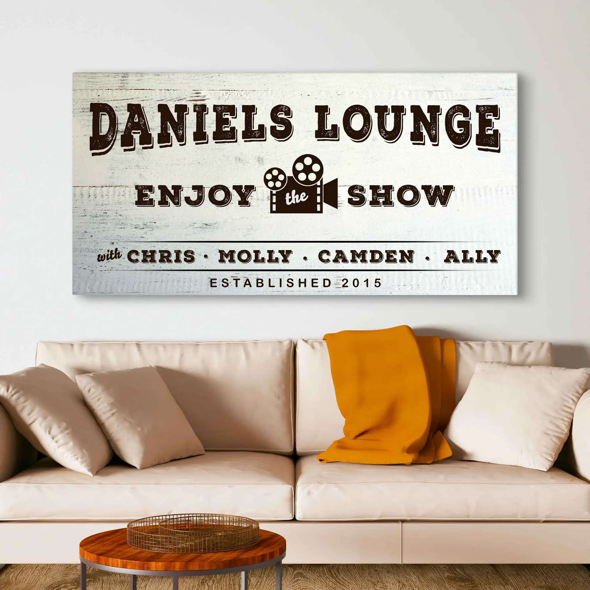 Enjoy the Show cinema sign canvas with whitewashed wood background and vintage film reel on Tampa Home & Garden Store
