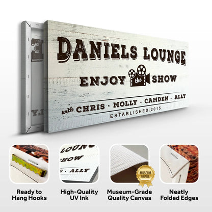 Canvas sign Enjoy the Show Family Cinema Sign, wood panel with bold lettering on Tampa Home & Garden Store